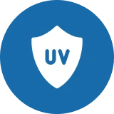 UV protection shield icon in blue circle.