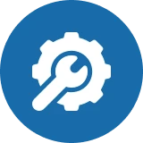Wrench and gear icon on blue background.