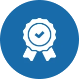 Checkmark badge icon on blue background.