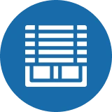 Icon of window blinds in blue circle.